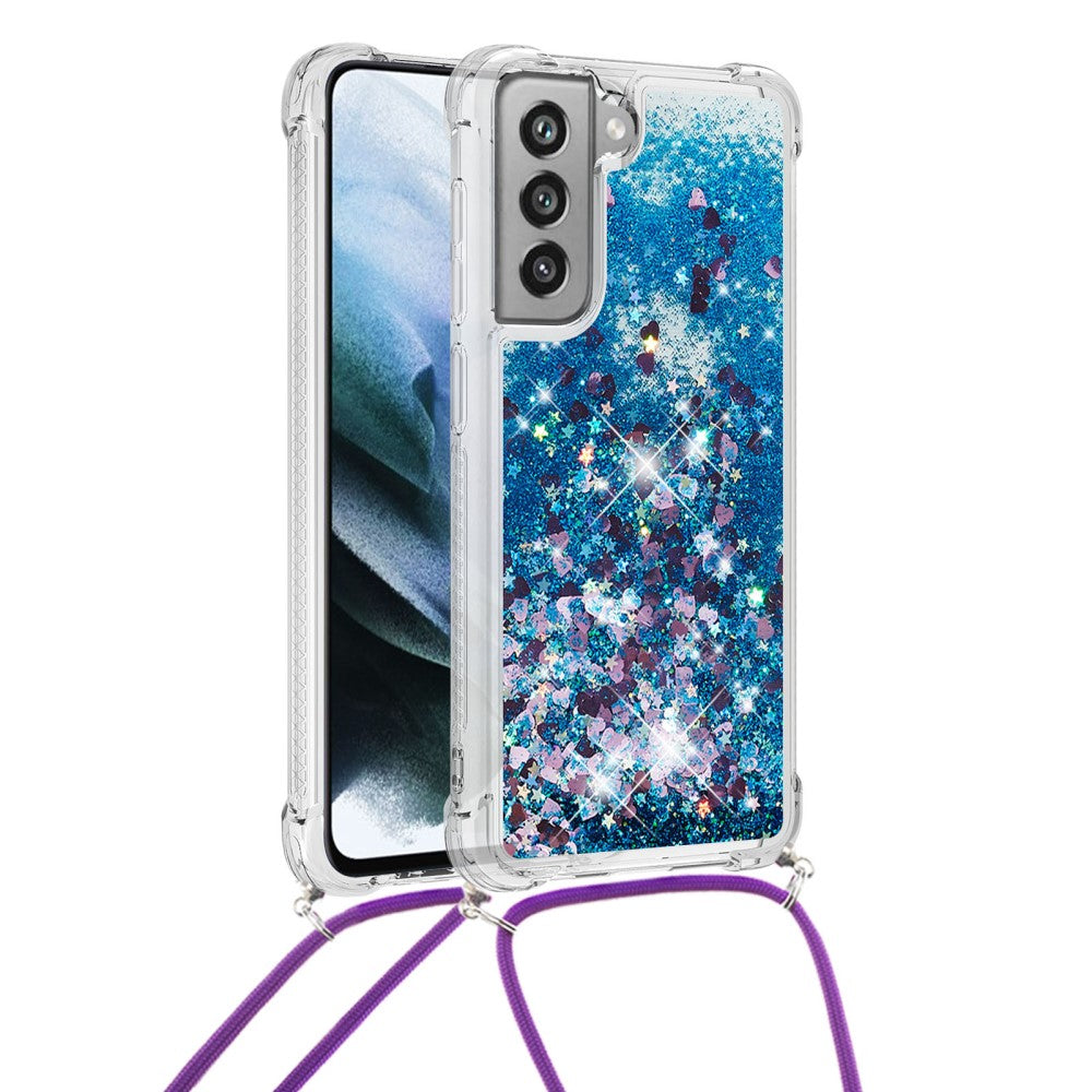 Una custodia trasparente per telefono con particelle glitter blu e cinturino viola.