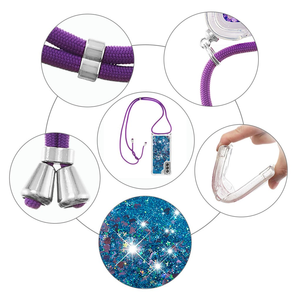 Custodia trasparente per telefono con cordino viola, glitter e dettagli argento.