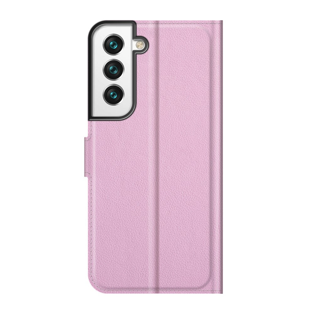 Custodia rosa per telefono con triplo ritaglio fotocamera e piega.