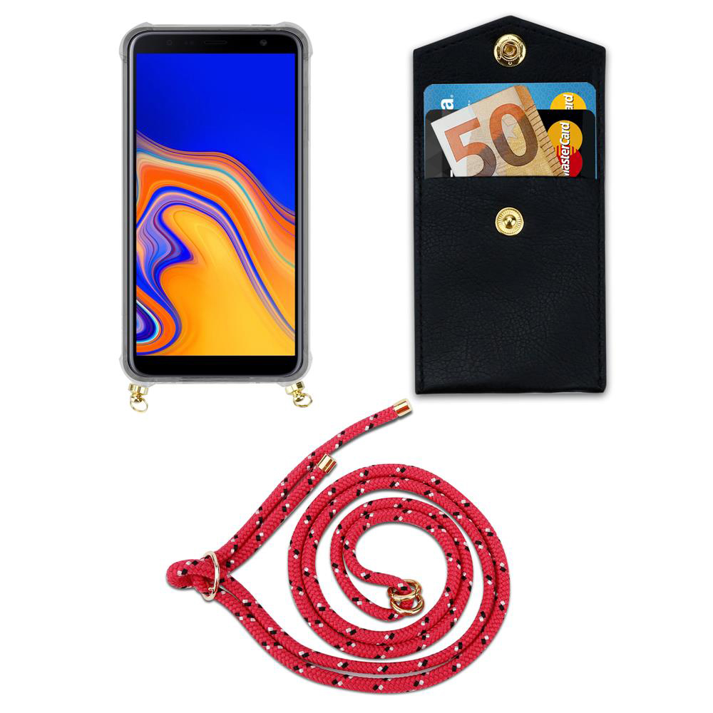 Smartphone, porta carte nero con soldi e carte, corda rossa