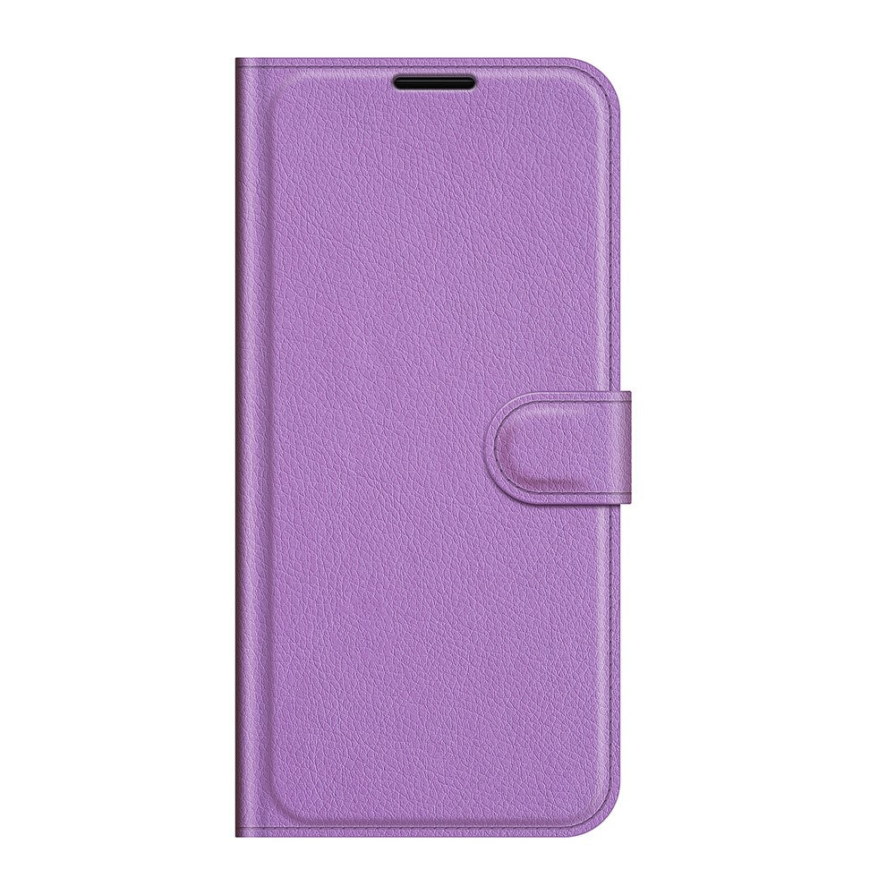 Custodia viola per telefono con chiusura a scatto, su sfondo bianco.