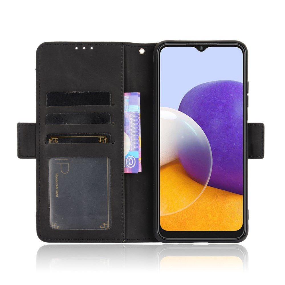 Custodia a portafoglio nera per telefono con slot per carte e porta banconote, che mostra uno smartphone.