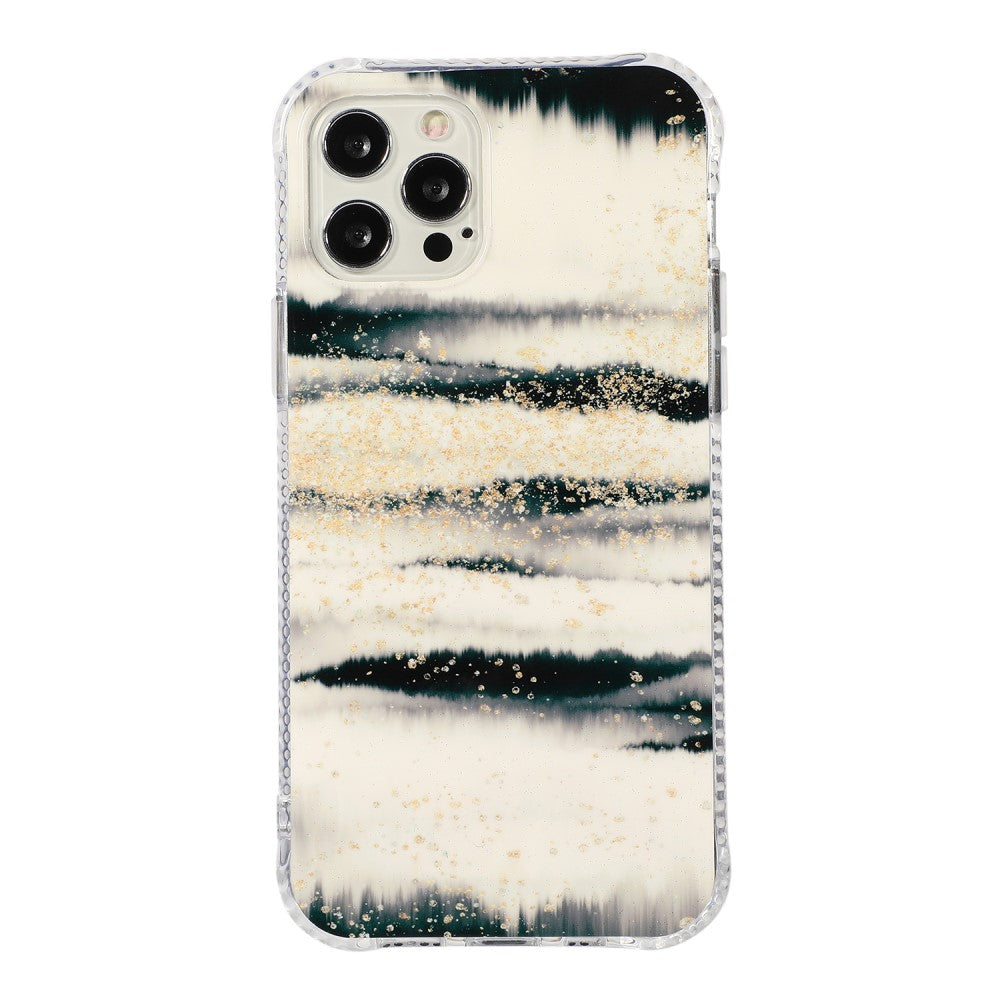 Coque d'iPhone avec fond blanc, rayures sombres et paillettes dorées.