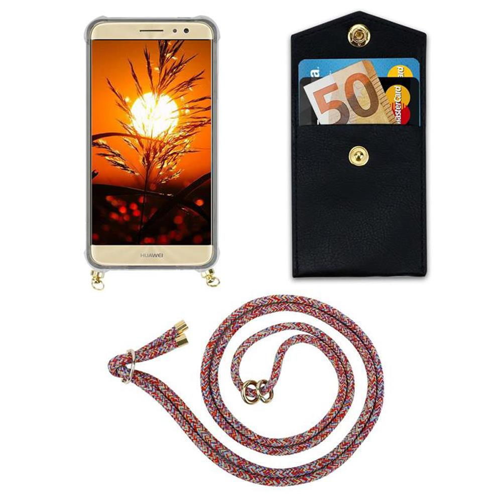 Ein Handy mit Sonnenuntergang-Hintergrund, eine schwarze Kartenhülle mit Bargeld und Karten, und eine geflochtene Lanyard.