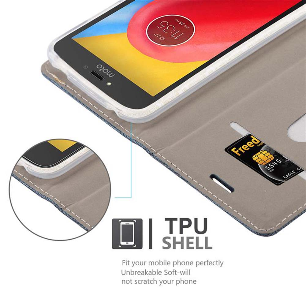 Un telefono in una custodia marrone con slot per carte e grafica carta di credito.