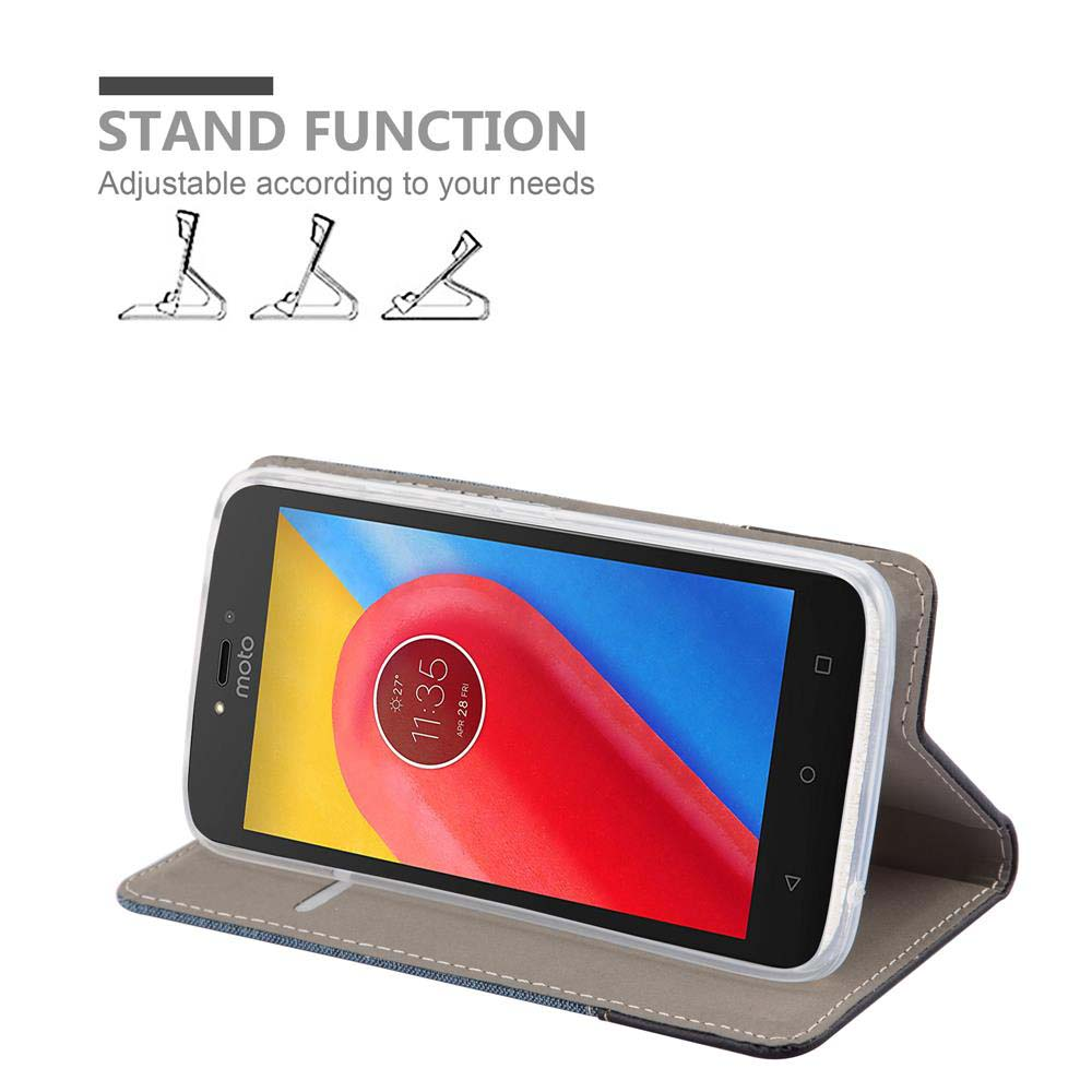 Uno smartphone in una custodia blu, mostrato nella sua funzione di supporto.