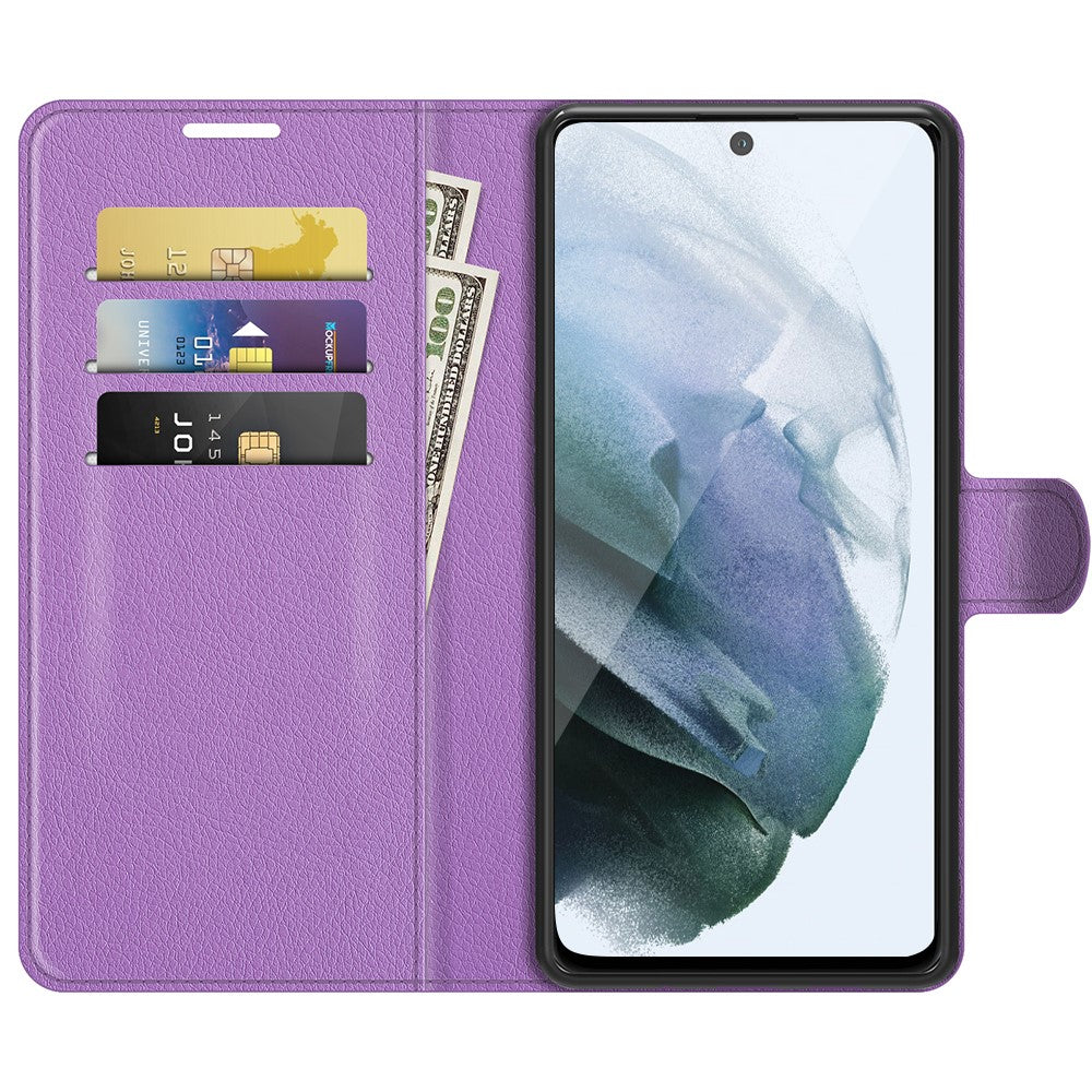 Custodia viola per telefono con slot per carte e banconote, aperta.