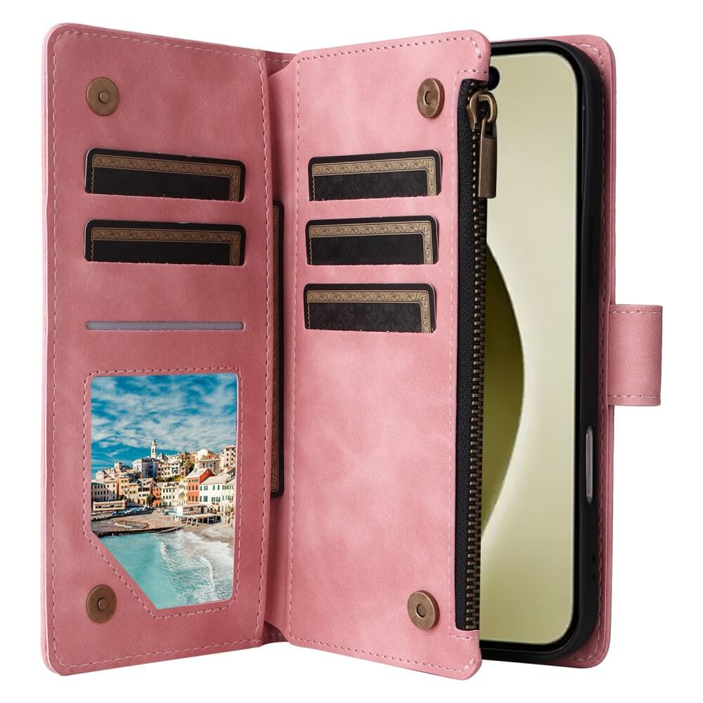 Un étui de téléphone rose avec des fentes pour cartes et une photo de ville côtière.