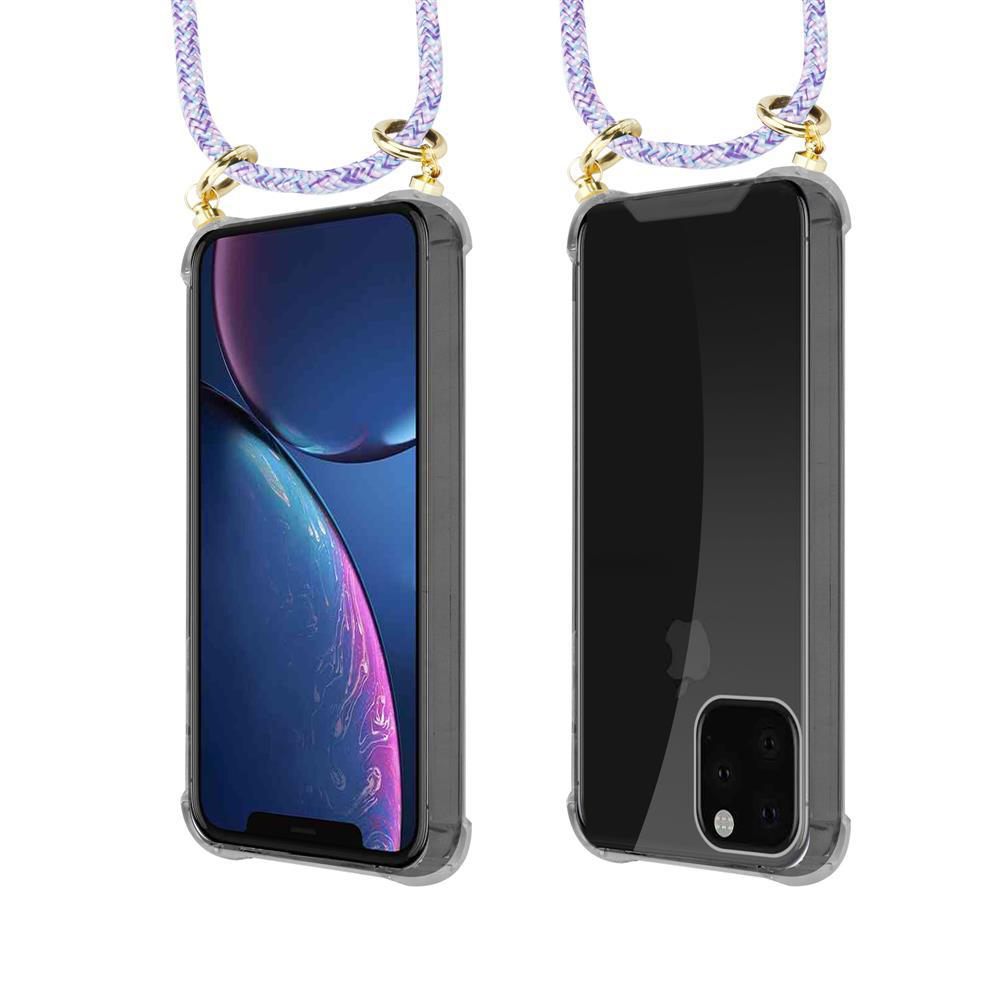 Due iPhone in custodie trasparenti con cordini decorativi. Viste frontale e posteriore.