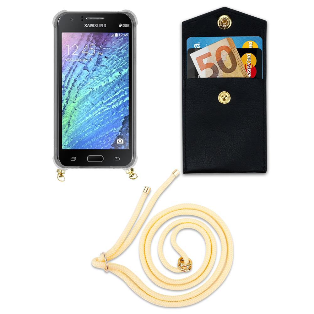Uno smartphone in custodia, un porta carte nero con soldi e carte, e un cordino giallo.