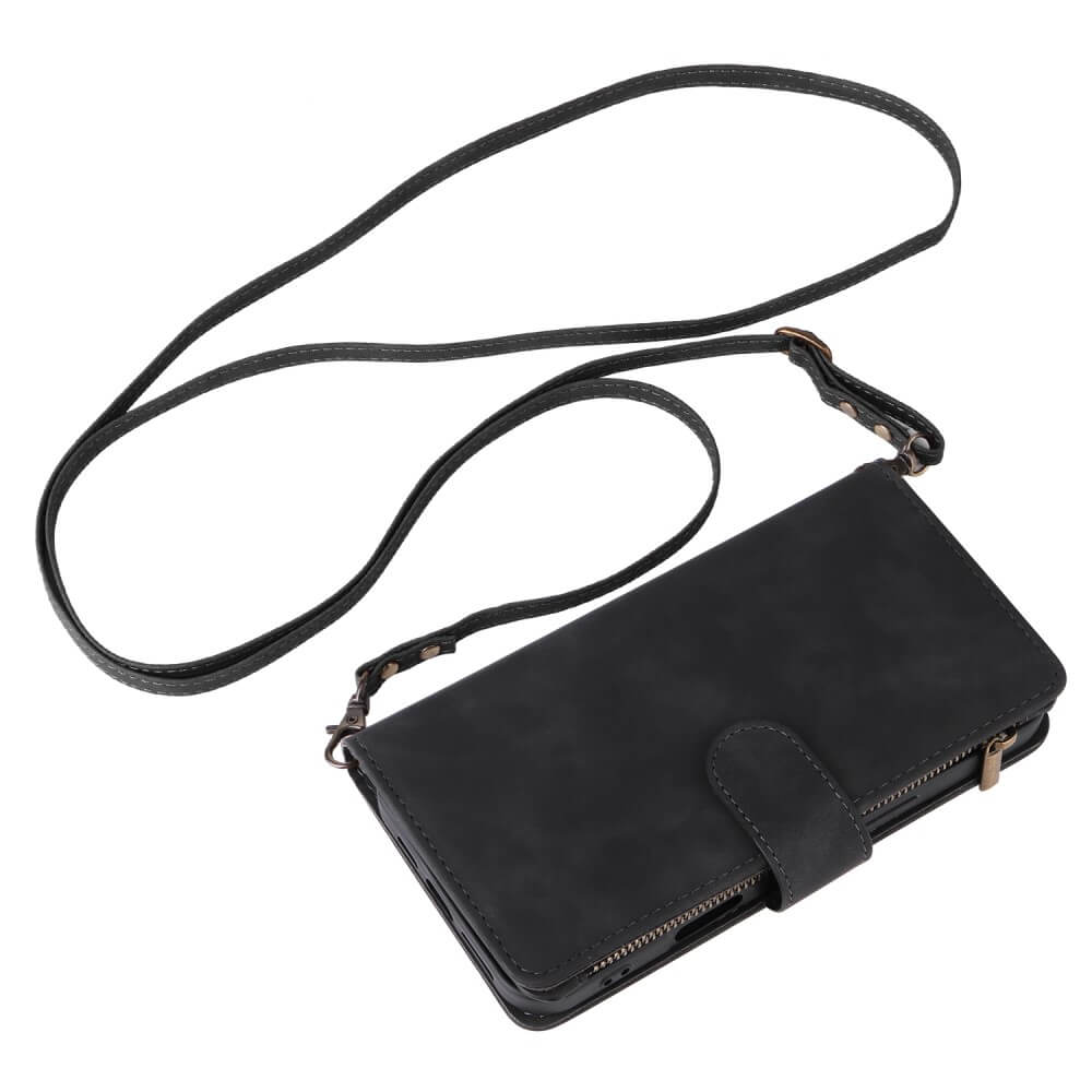 Un étui de téléphone noir avec une longue sangle sur fond blanc.