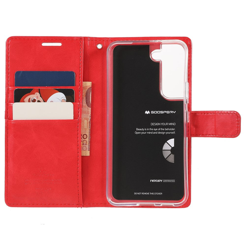 Custodia a portafoglio rossa con slot per carte, scomparto banconote e supporto.