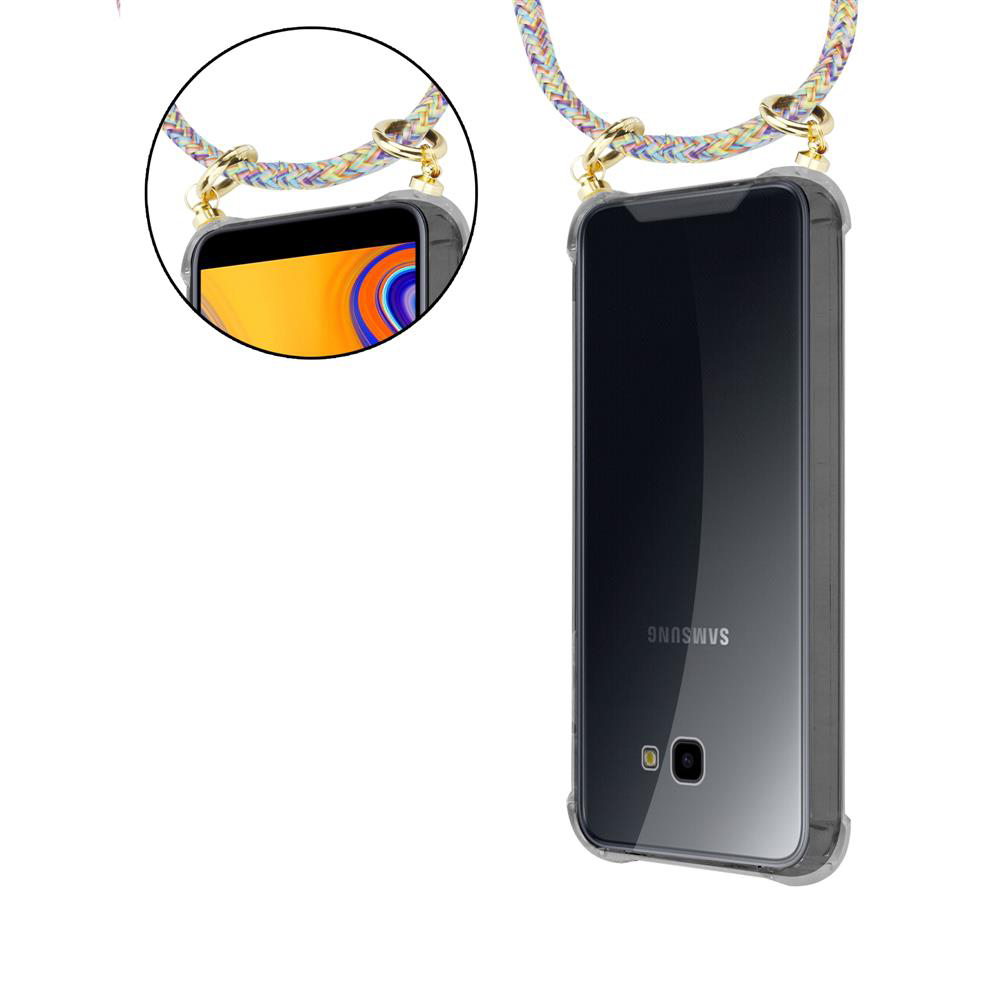 Uno smartphone Samsung in custodia trasparente con laccetto colorato.