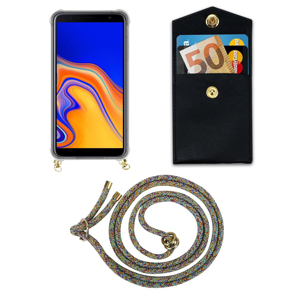 Smartphone con custodia, portafoglio nero con soldi e carte, cordino.