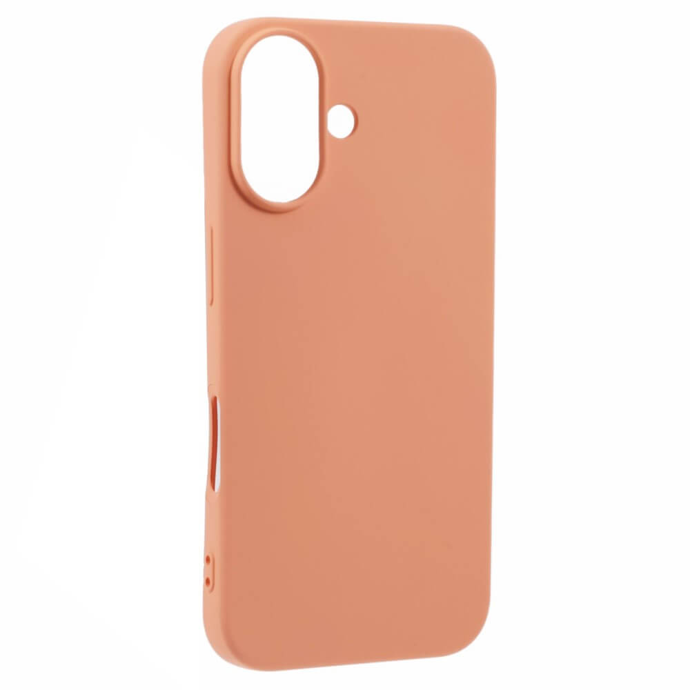 Une coque de téléphone pêche avec des découpes pour appareil photo et boutons.