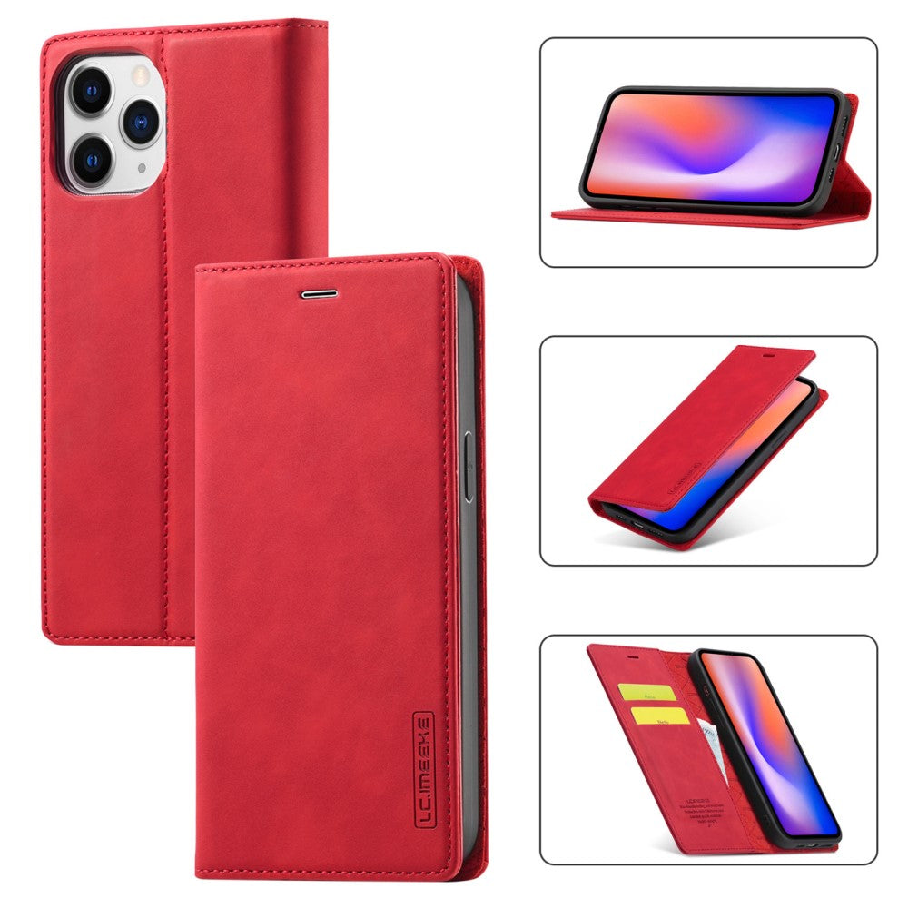 Étui de téléphone rouge à rabat avec fentes pour cartes et téléphone.