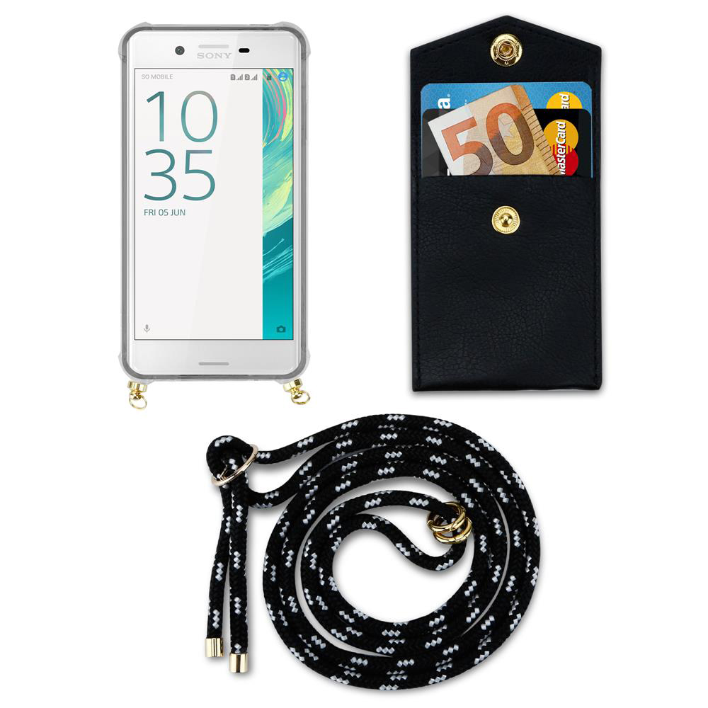 Ein Smartphone mit Hülle, eine schwarze Tasche mit Geld und Karten, und eine schwarze Kordel.