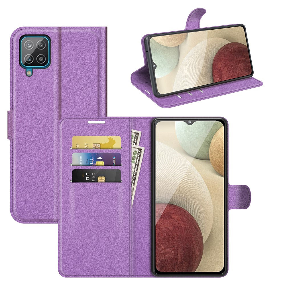 Custodia viola per telefono con scomparti per carte e tasca soldi.