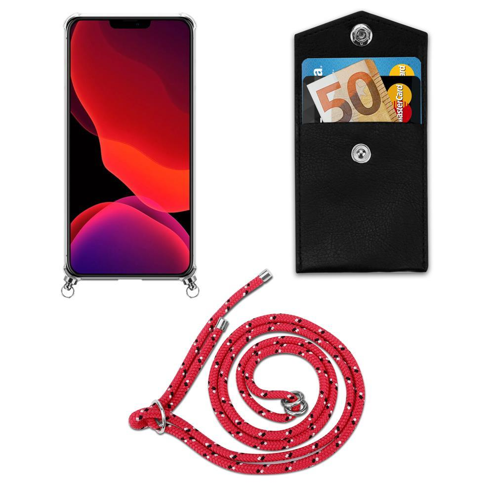 Uno smartphone, una custodia nera con una banconota da 50 euro e un laccio rosso.