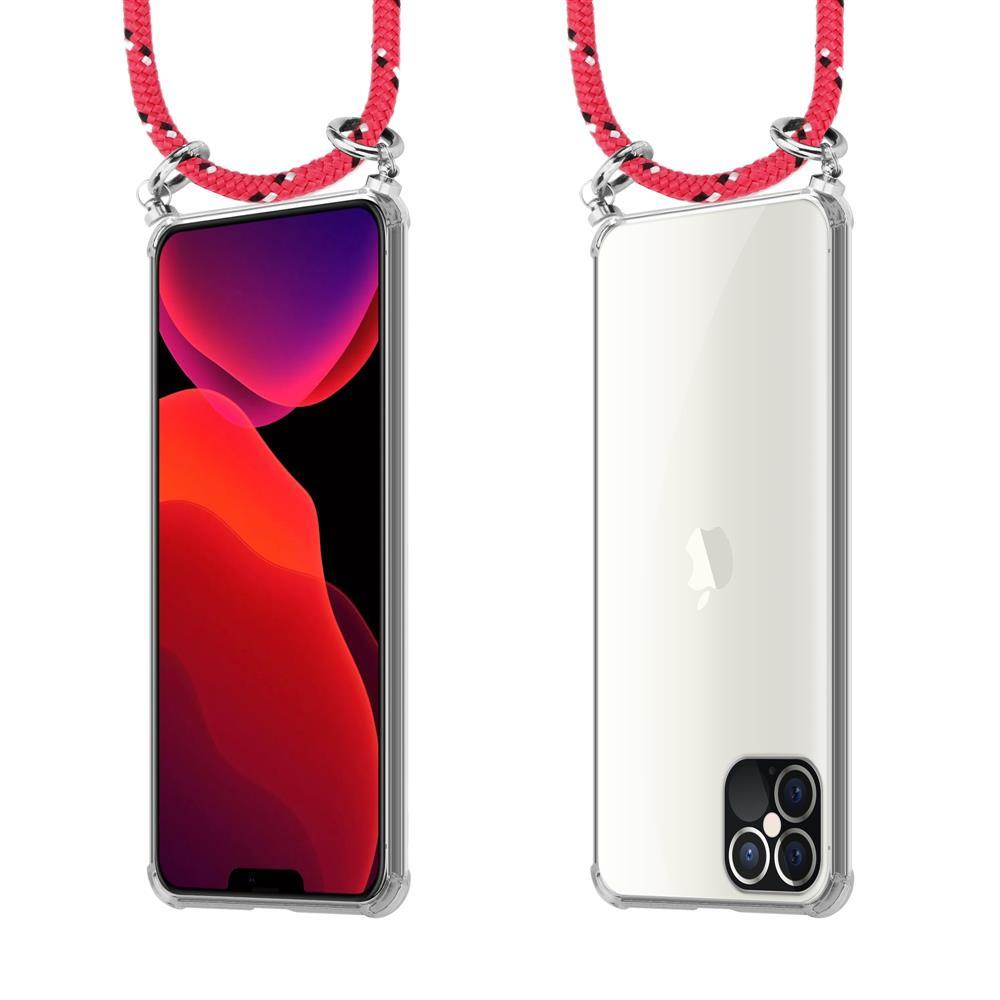 Uno smartphone con laccetto rosso, vista frontale e posteriore.