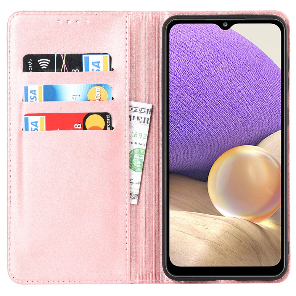 Custodia rosa per telefono con slot per carte e uno smartphone con schermo viola.