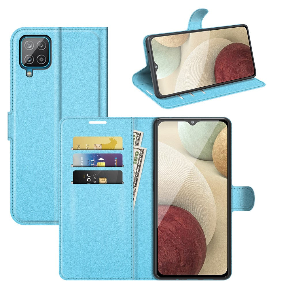 Custodia per telefono azzurra con slot per carte e contanti, viste fronte e retro.