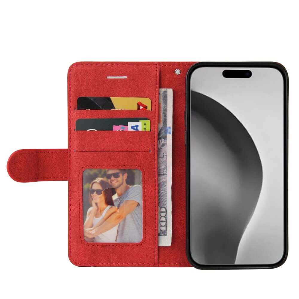 Custodia rossa per telefono con slot per carte, banconota e foto di coppia.