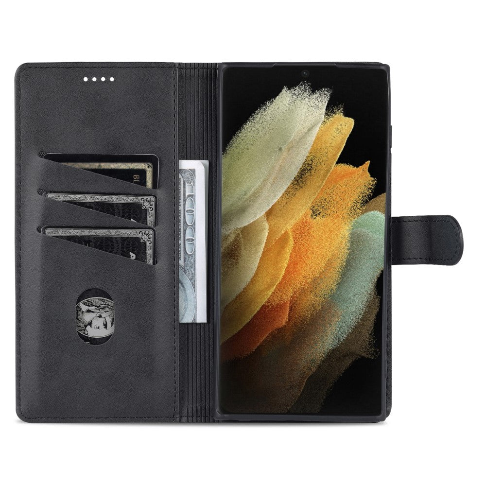 Custodia nera per telefono con slot per carte e porta banconote, aperta.