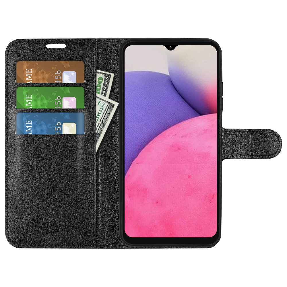 Custodia a portafoglio nera per telefono aperta, con porta carte e banconote.