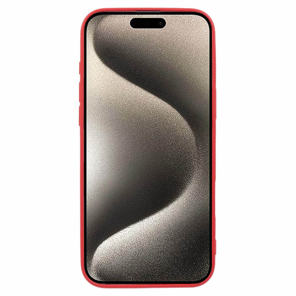 Ein rotes iPhone mit einem abstrakten Hintergrund auf dem Bildschirm.