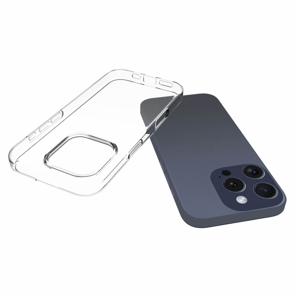 Una custodia trasparente per telefono è accanto a uno smartphone scuro.