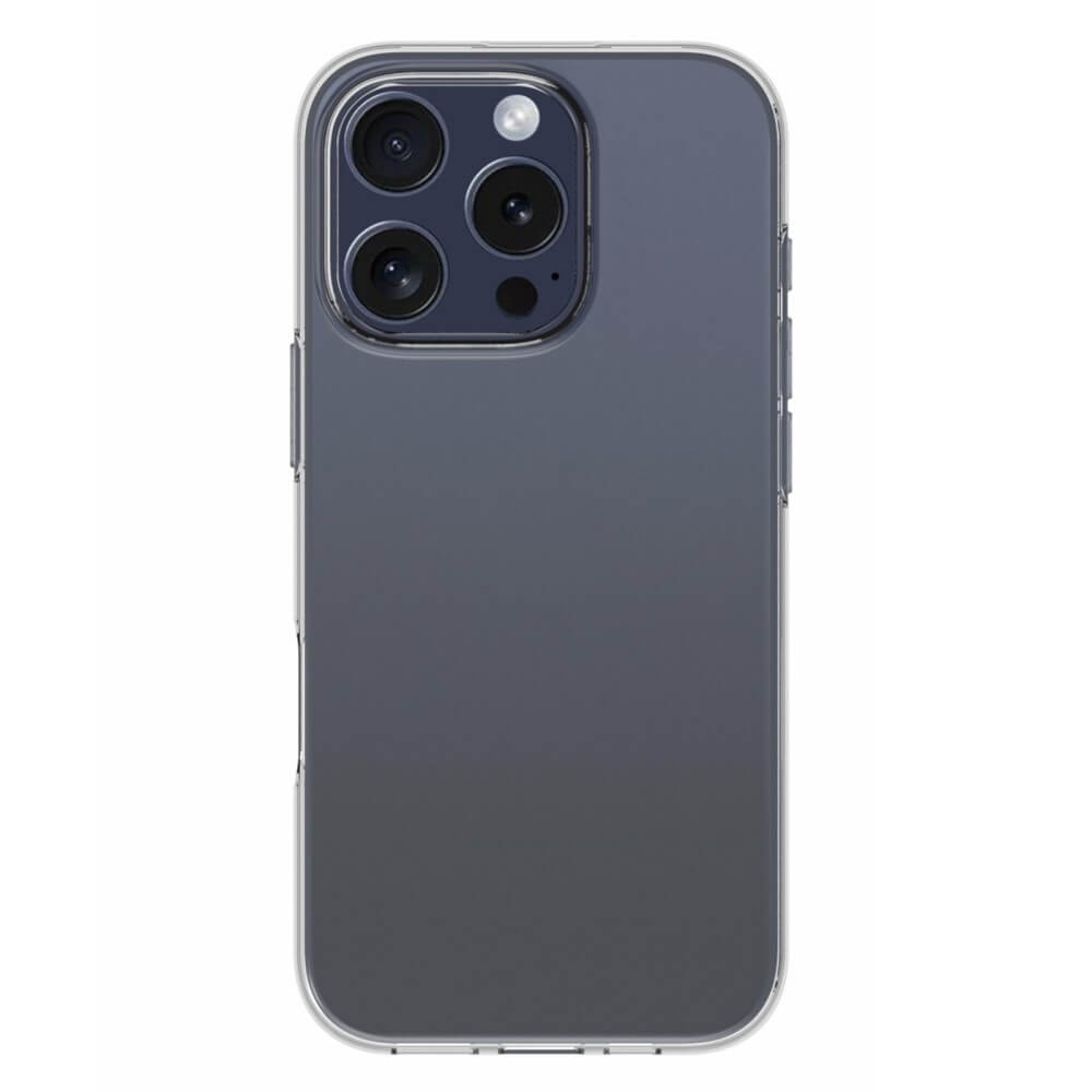 Una custodia trasparente per iPhone con sfumatura scura e gruppo fotocamera.