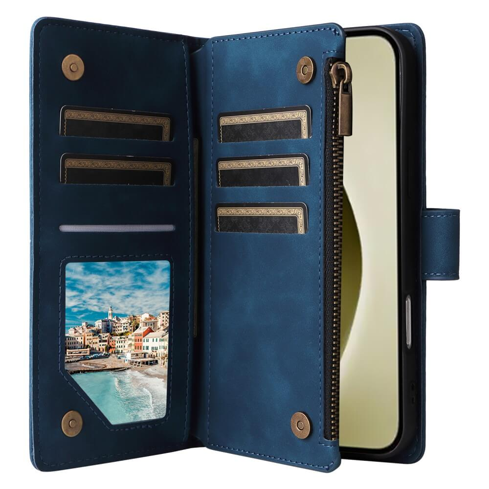 Blaue Brieftaschenhülle mit Kartenfächern, Reißverschluss und einem Bild einer Küstenstadt.