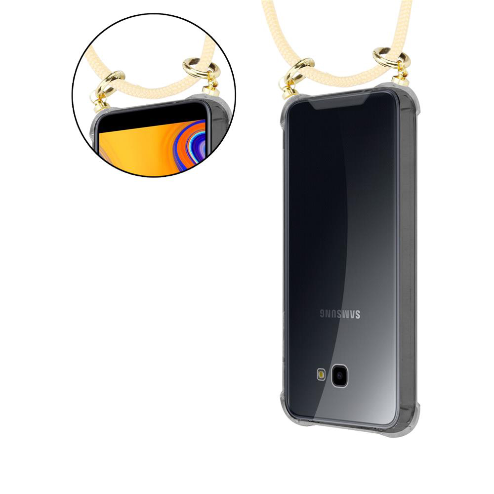 Una custodia trasparente per telefono con un cordino da portare al collo.
