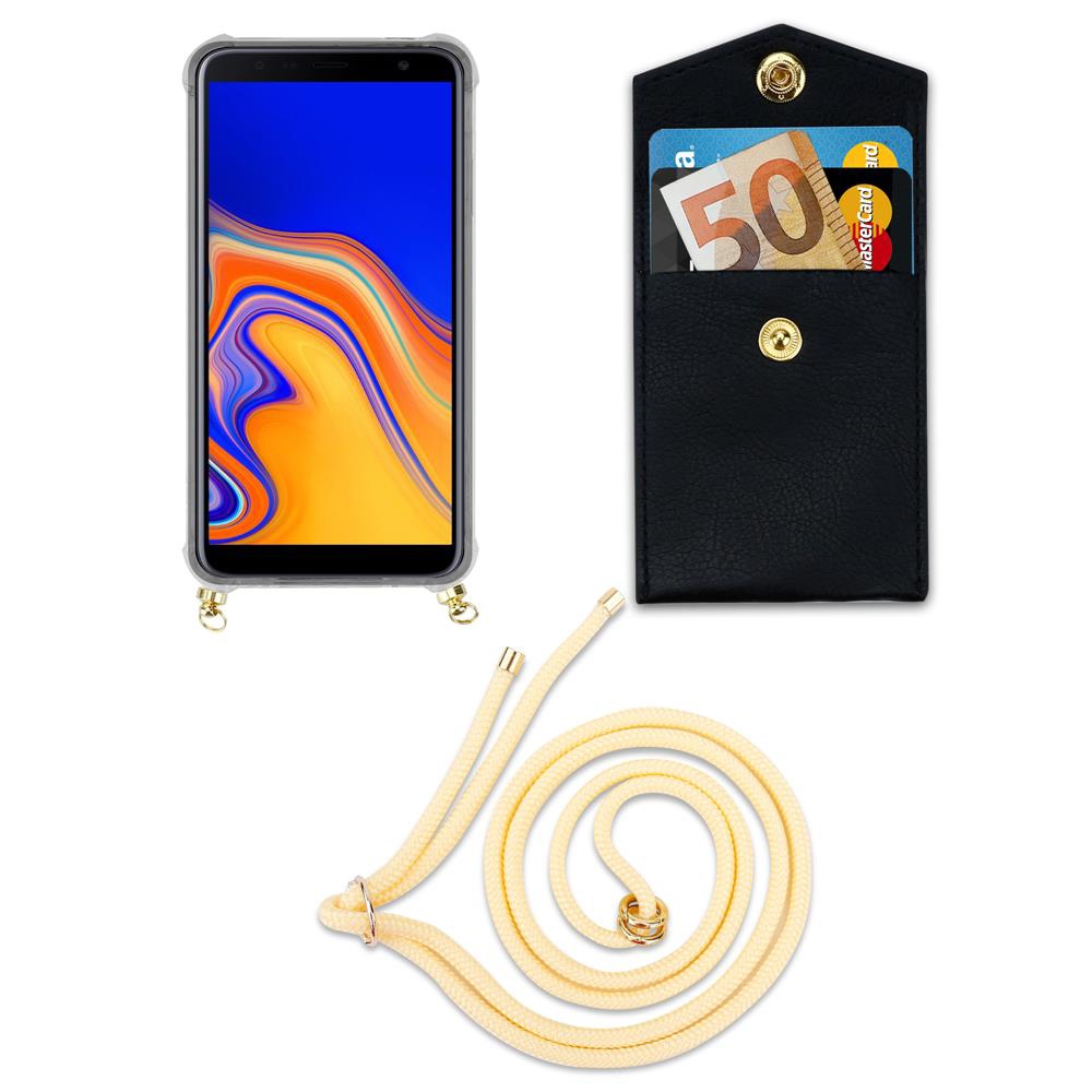 Smartphone con custodia, portafoglio con soldi e carta, e cordino.