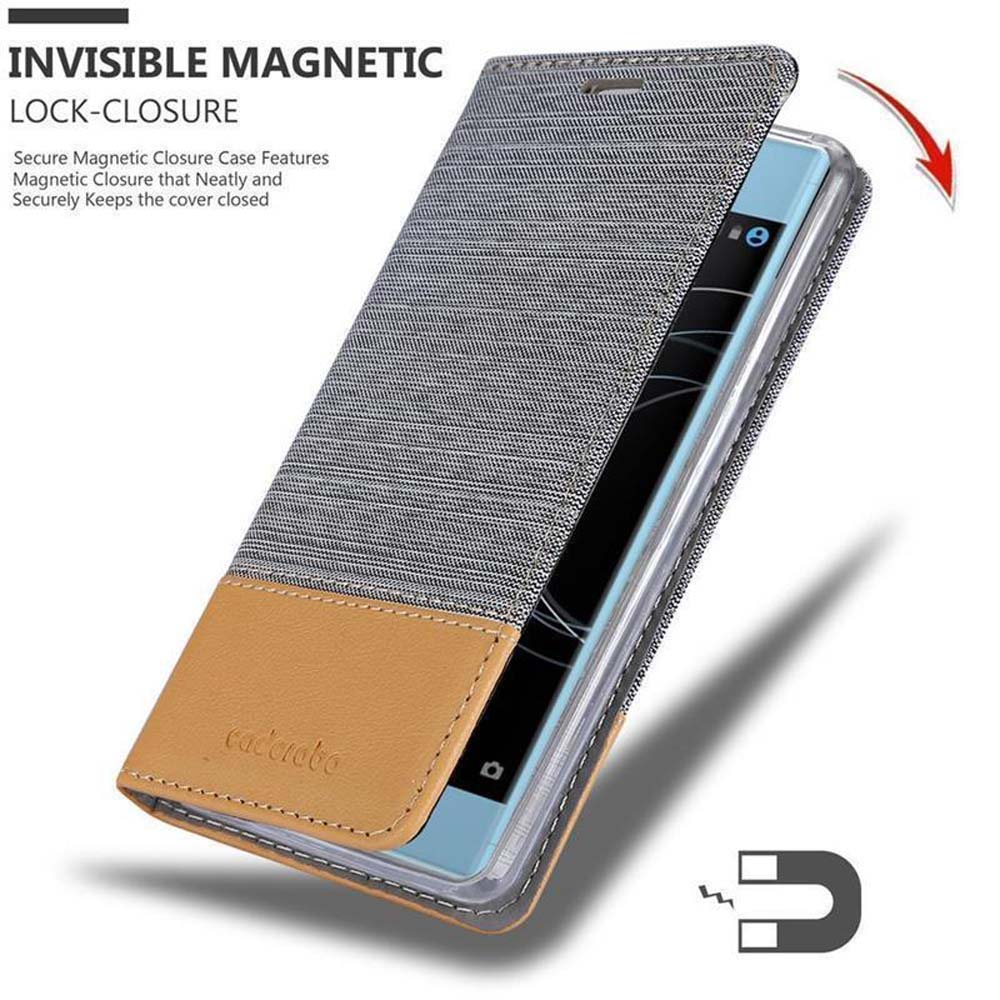 Custodia grigia e color cuoio per telefono con chiusura magnetica, protegge uno smartphone.