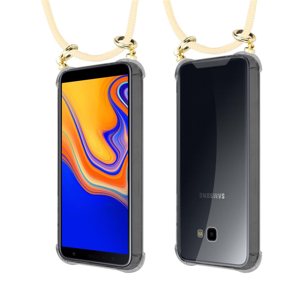 Uno smartphone in custodia con laccetto, vista frontale e posteriore.