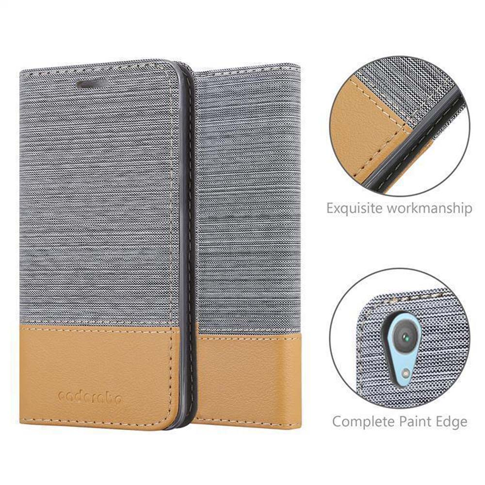 Custodia per telefono in tessuto grigio con base in pelle marrone. Dettagli su cuciture e fotocamera.