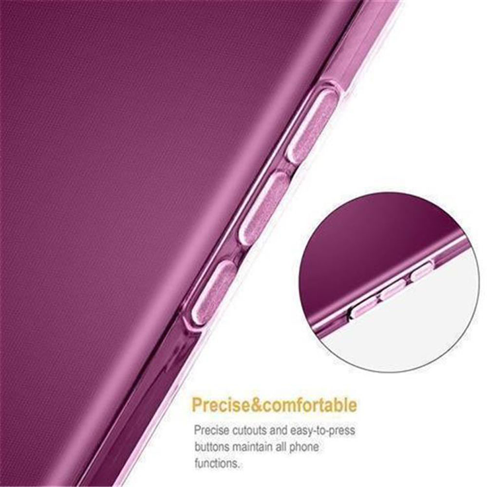 Custodia viola per telefono con ritagli precisi e pulsanti accessibili.
