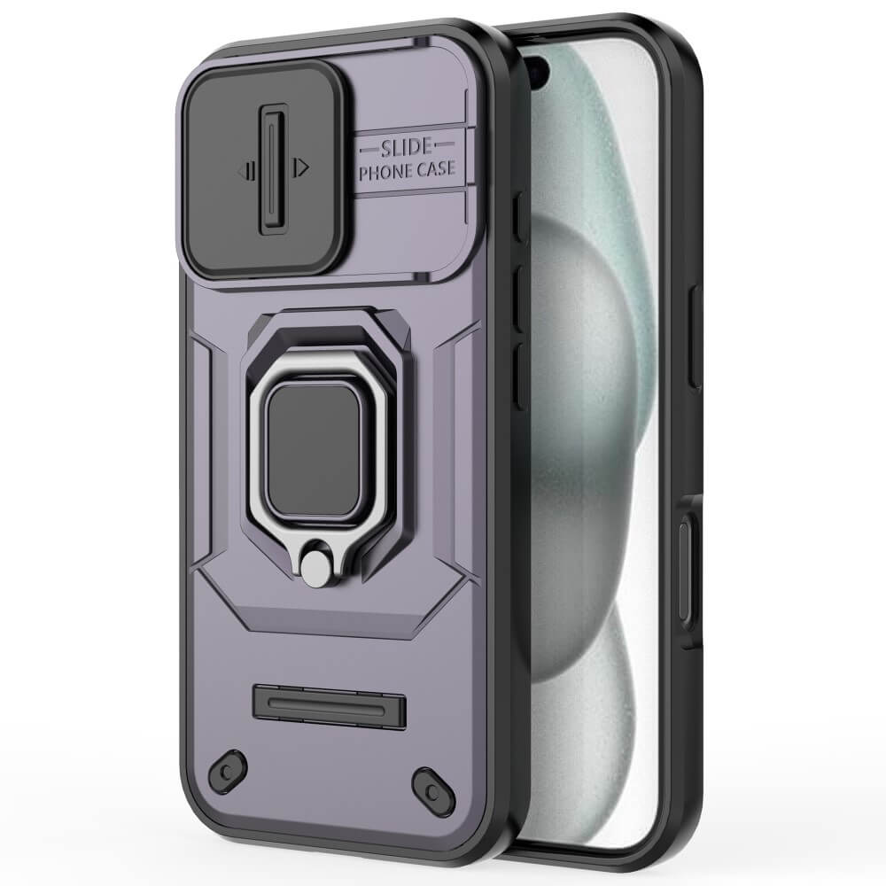 Lila Handyhülle mit Ringhalterung und Schiebefach für die Kamera.
