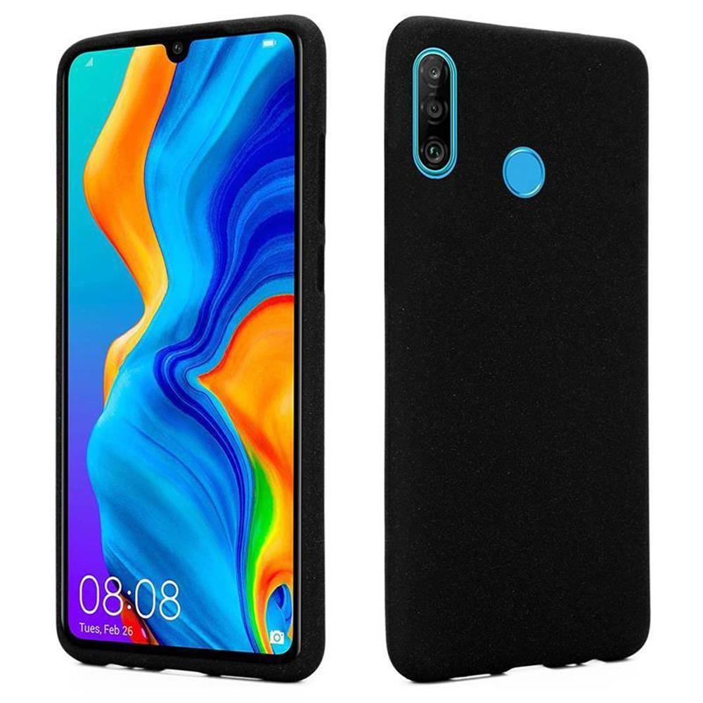 Ein schwarzes Handy mit einem farbenfrohen Hintergrundbild und drei Kameras.