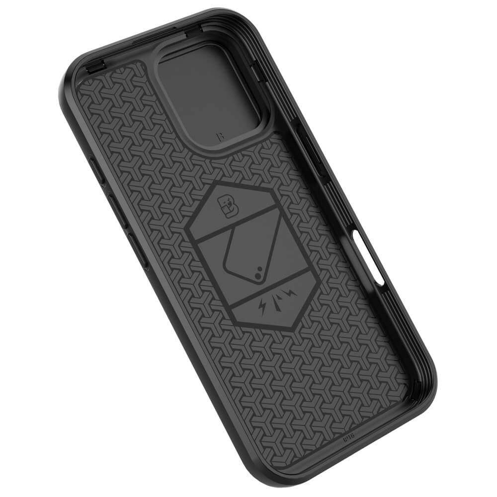 Schwarzes Handy-Case mit geometrischem Muster und Logo.