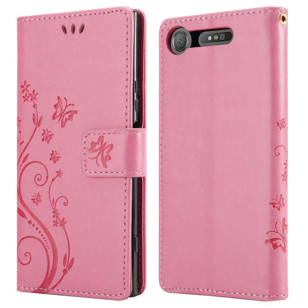 Custodia rosa a libro per telefono con motivo floreale e farfalla.