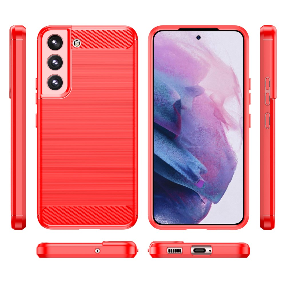 Custodia per telefono rossa con slot per fotocamera e telefono che mostra uno sfondo colorato.