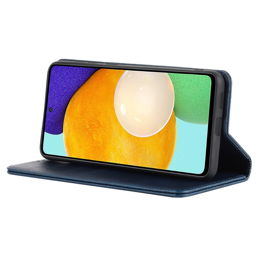 Ein dunkelblaues Handy-Flip-Case mit einem Smartphone, das eine bunte Tapete anzeigt.