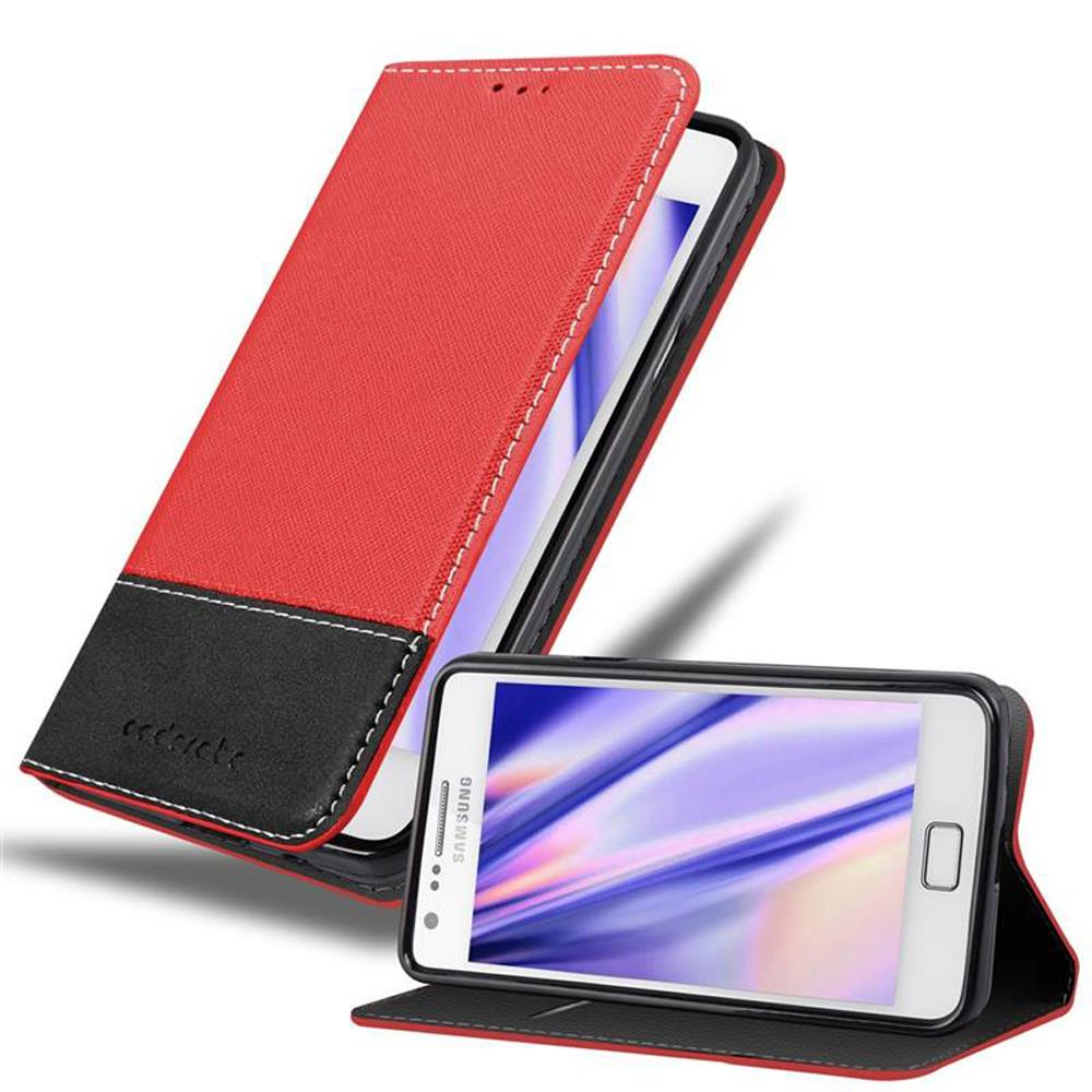 Rotes und schwarzes Handycover mit offenem Samsung Smartphone.