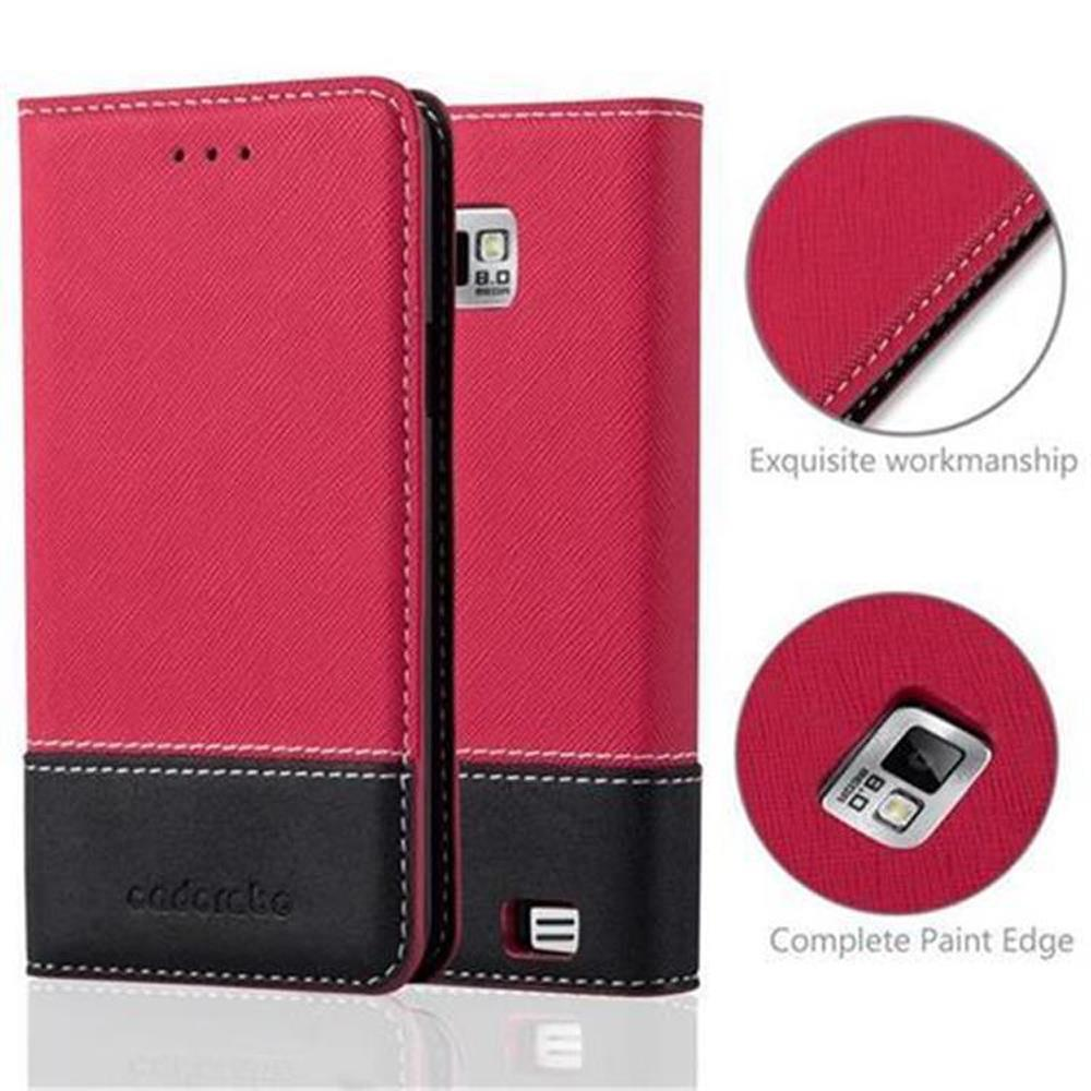 Rote und schwarze Handyhülle mit Nähten und Kameradetails.