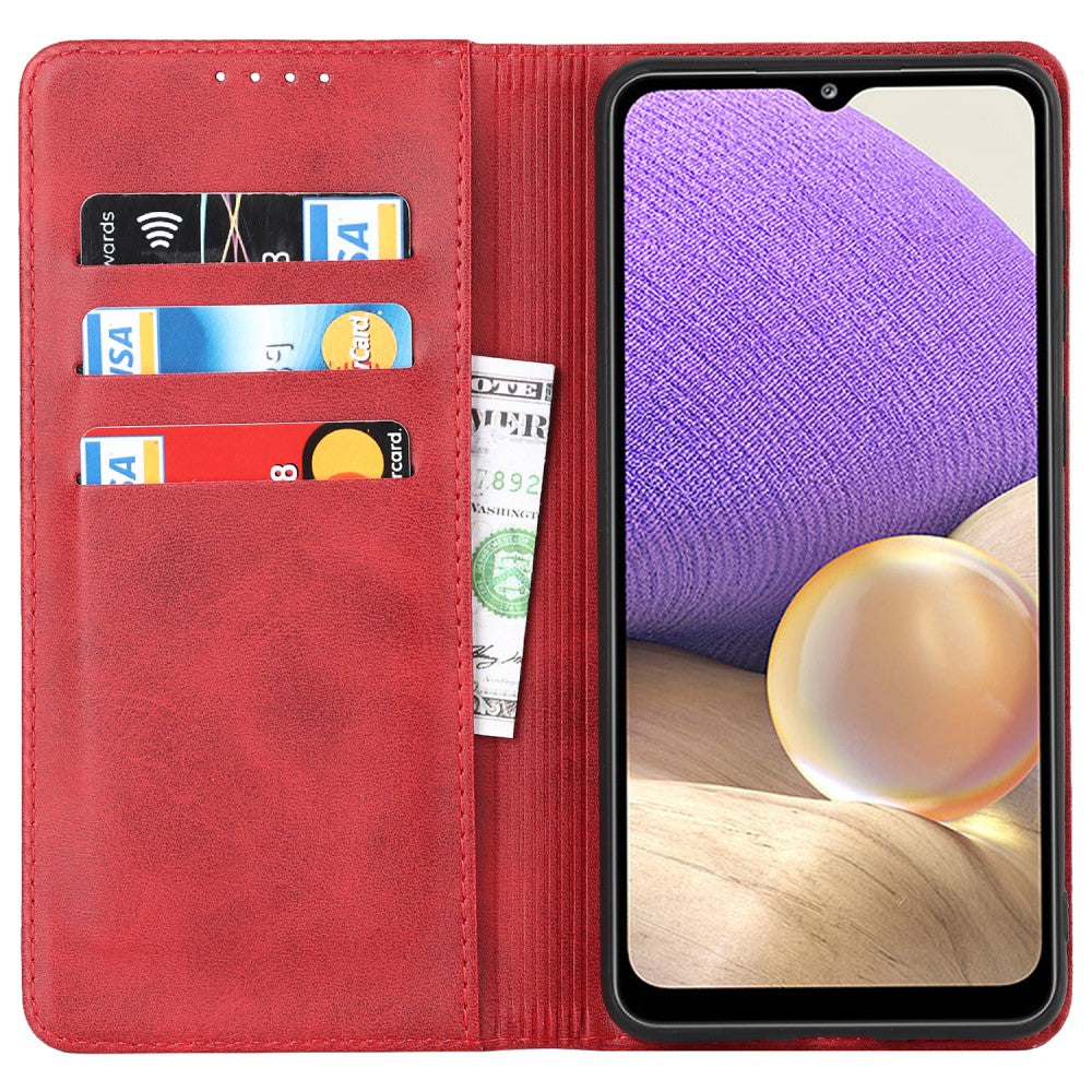Rotes Handy-Case mit Kartenfächern und Geldscheinfach. Ein Handy ist eingelegt.