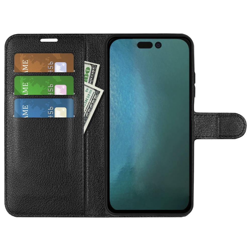 Custodia nera per telefono con tre fessure per carte, contanti e uno smartphone.