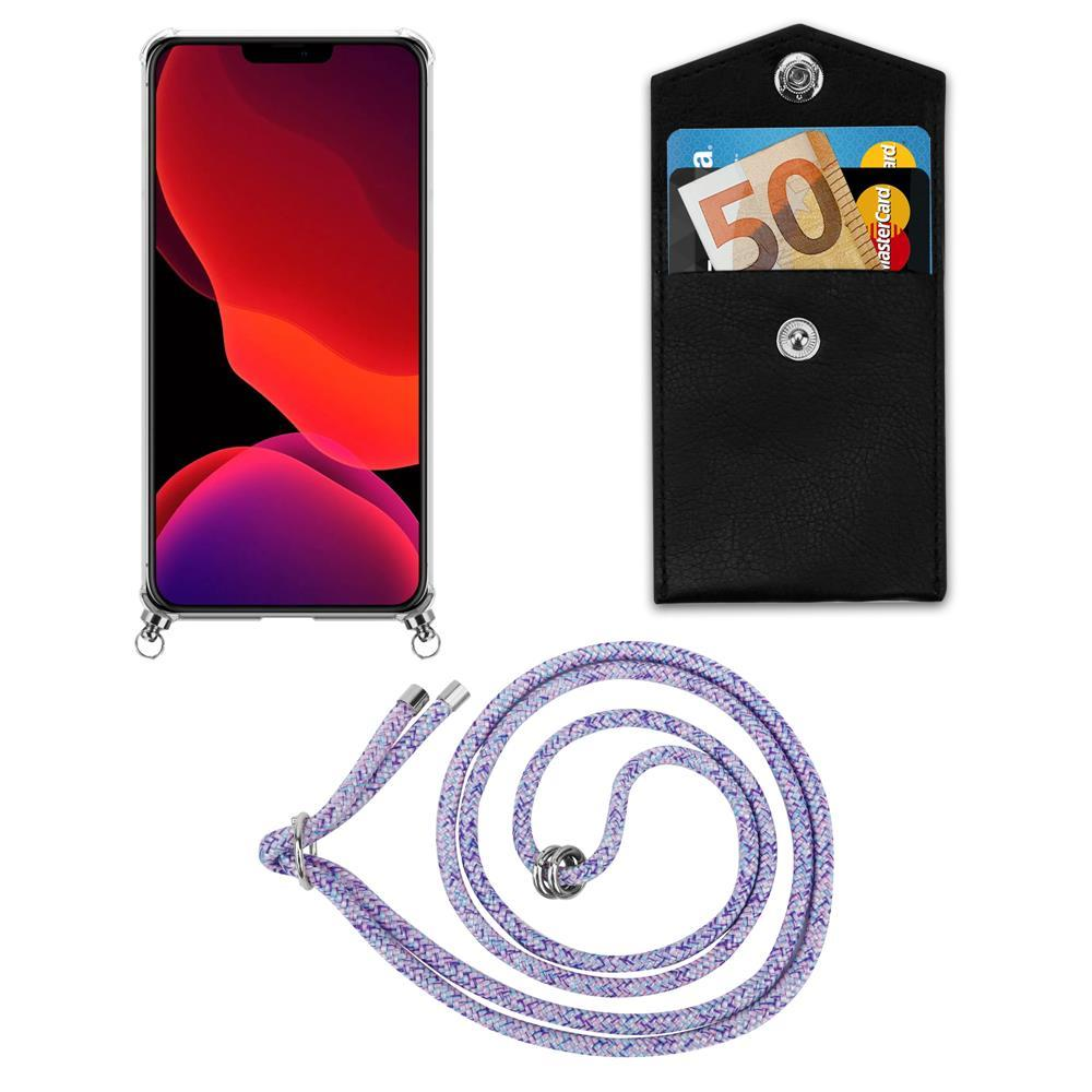 Uno smartphone con sfondo rosso, una custodia nera con soldi e carta, un laccetto.
